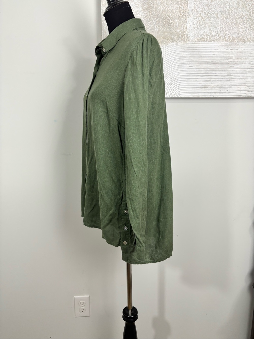 New Directions Women Large Green Linen Lyocell Tunic Roll Tab Sleeve Lightweight - Picture 7 of 11